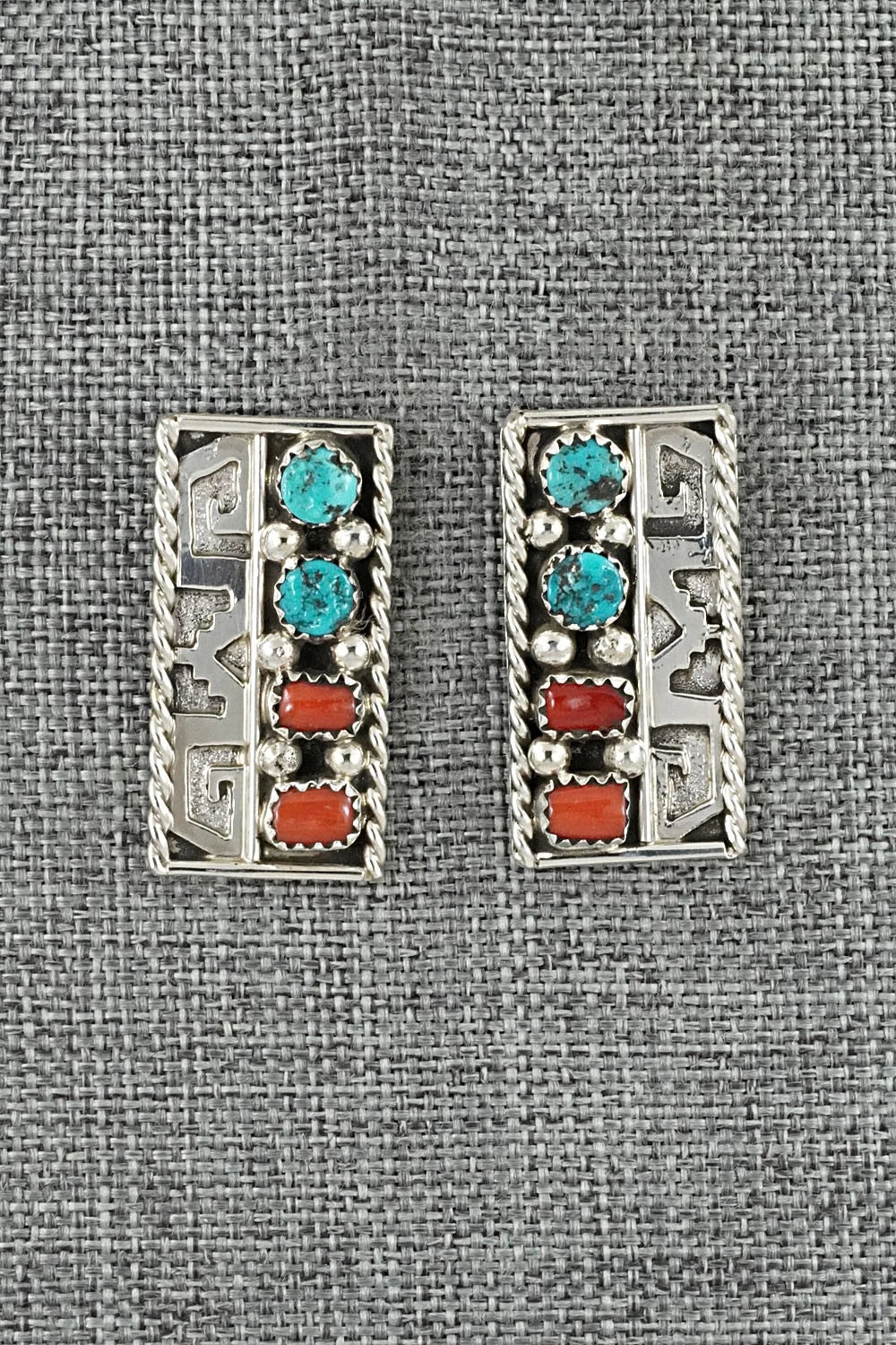 Turquoise, Coral & Sterling Silver Earrings - Ronnie Spencer