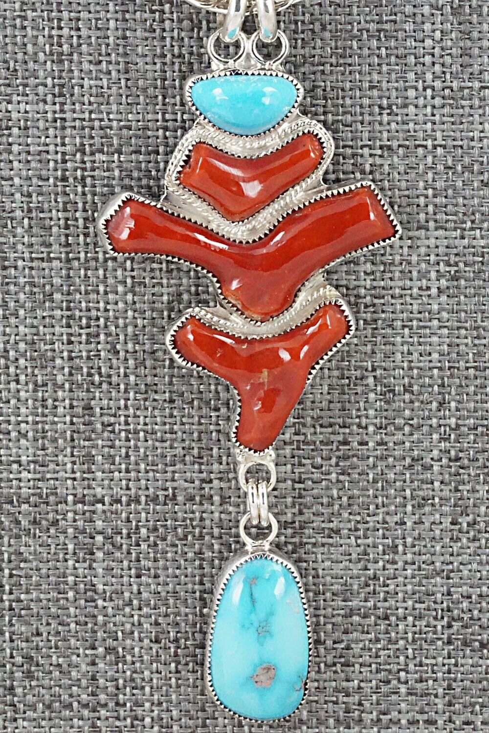 Turquoise, Coral & Sterling Silver Necklace - Smokey Gchachu