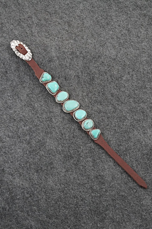 Turquoise, Sterling Silver & Leather Bracelet - Marlene Ramone