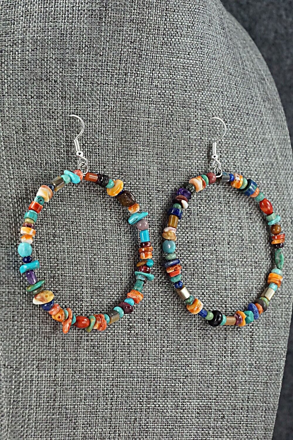 Multi Stone & Sterling Silver Hoop Earrings - Helen Tsosie