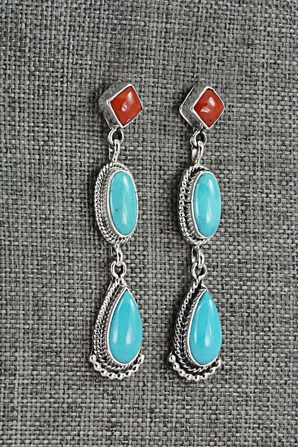 Turquoise, Coral & Sterling Silver Earrings - Verley Betone