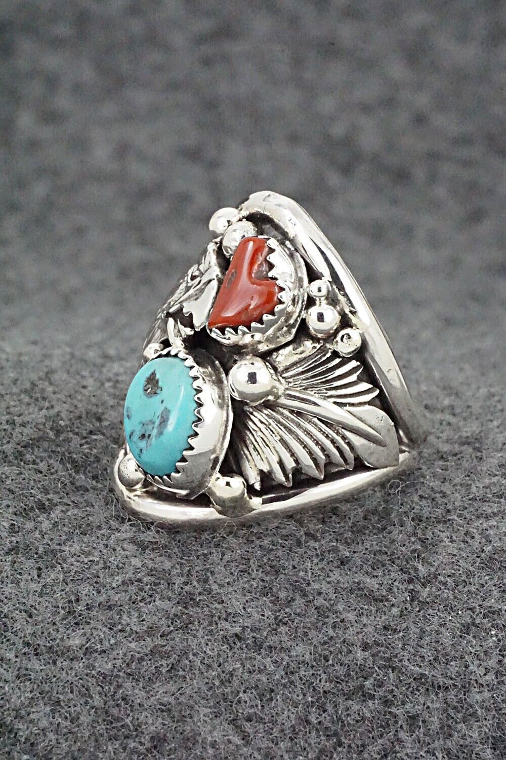 Turquoise, Coral & Sterling Silver Ring - Jeannette Saunders - Size 9.5