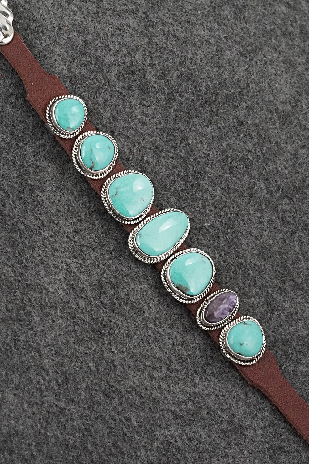 Turquoise, Spiny Oyster, Sterling Silver & Leather Bracelet - Bonnie Willie