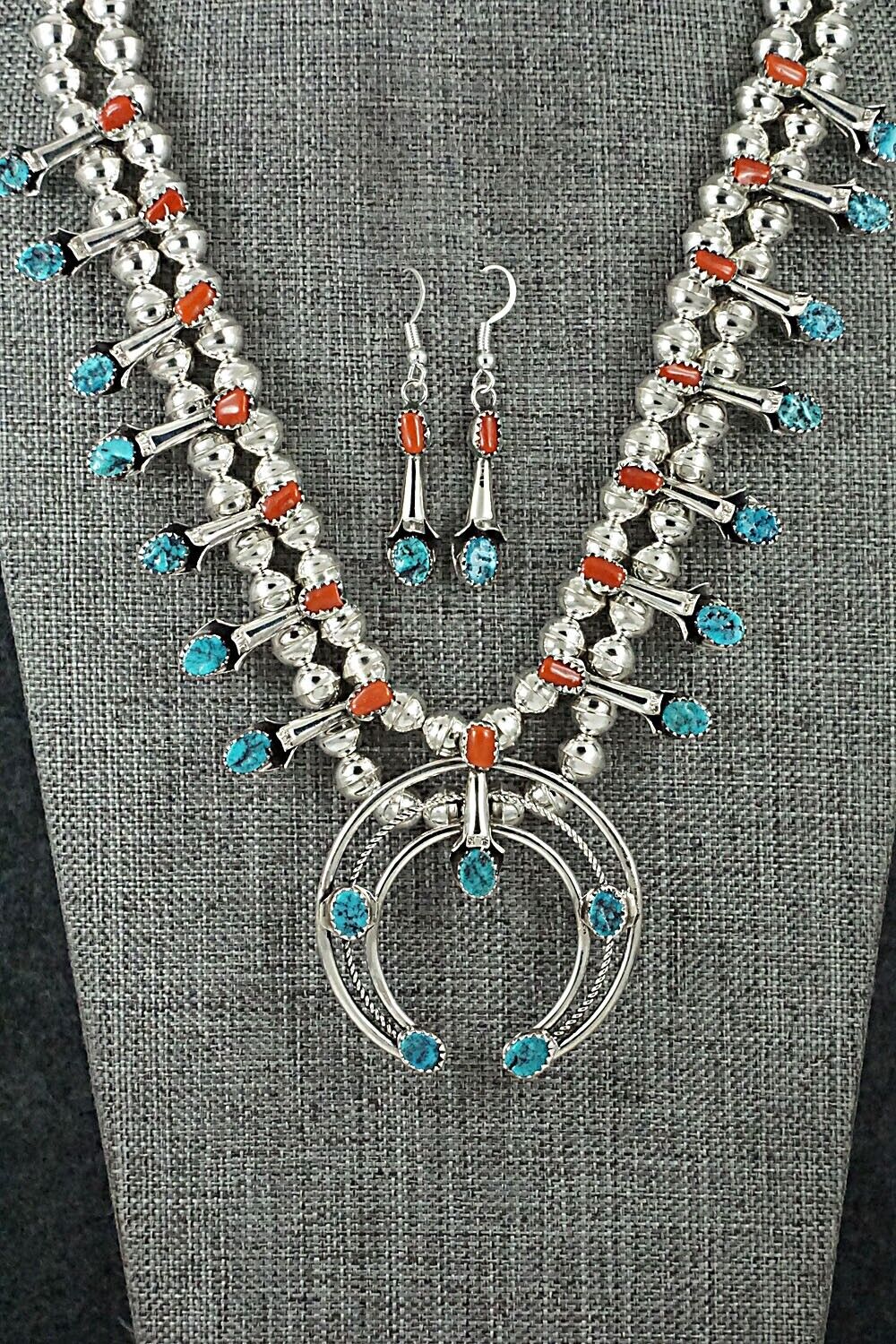 Turquoise, Coral & Sterling Silver Squash Blossom Set - Phil Garcia