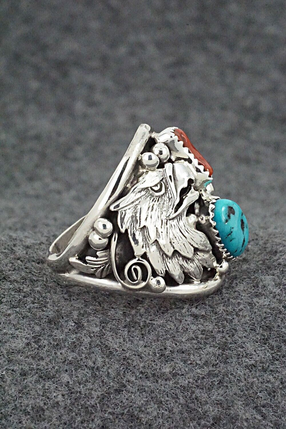 Turquoise, Coral & Sterling Silver Ring - Jeannette Saunders - Size 11
