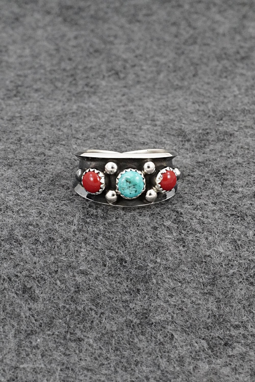 Turquoise, Coral & Sterling Silver Ring - Paul Largo - Size 9.5