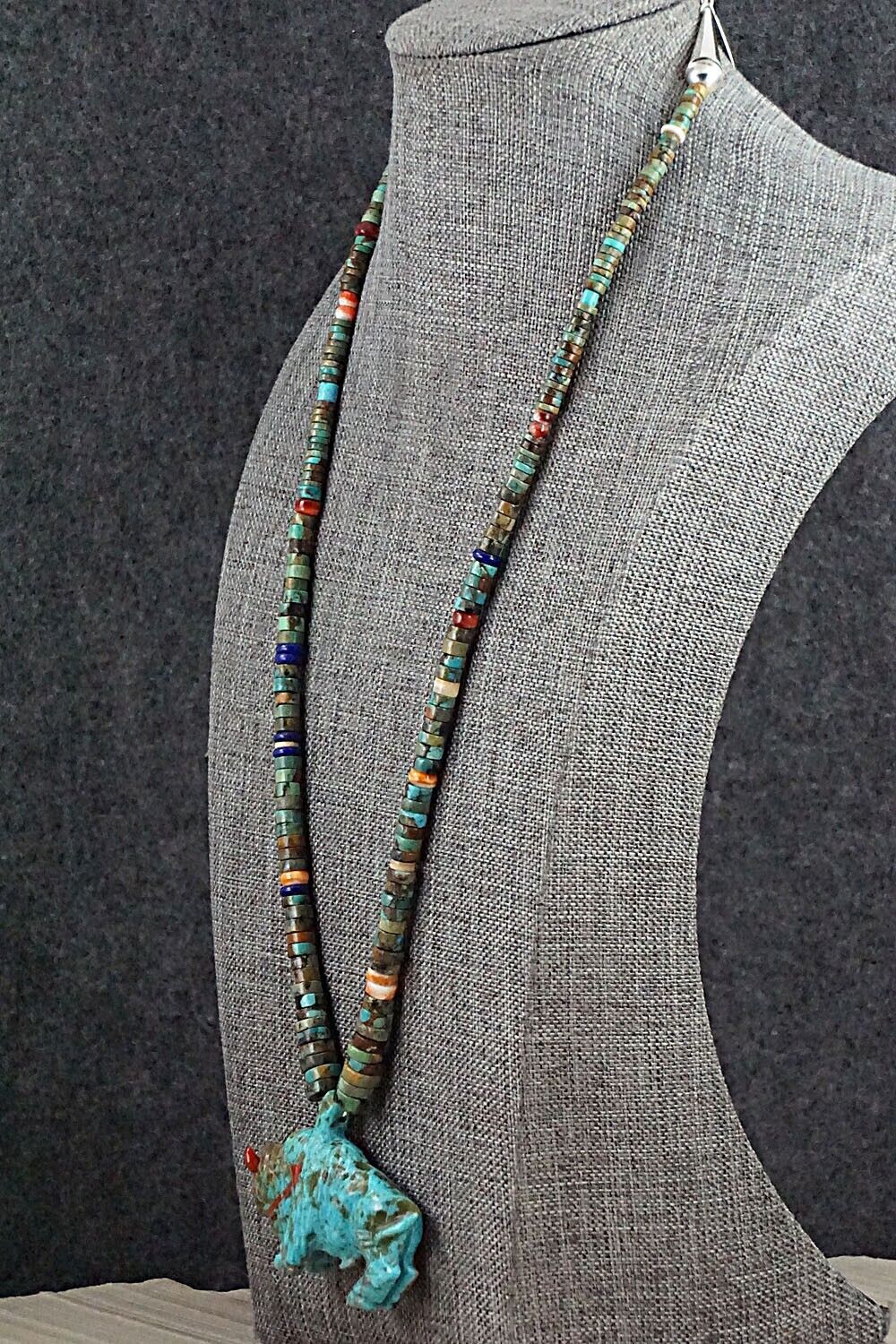 Multi Stone Buffalo Zuni Fetish Carving Beaded Necklace - Andres Quandelacy