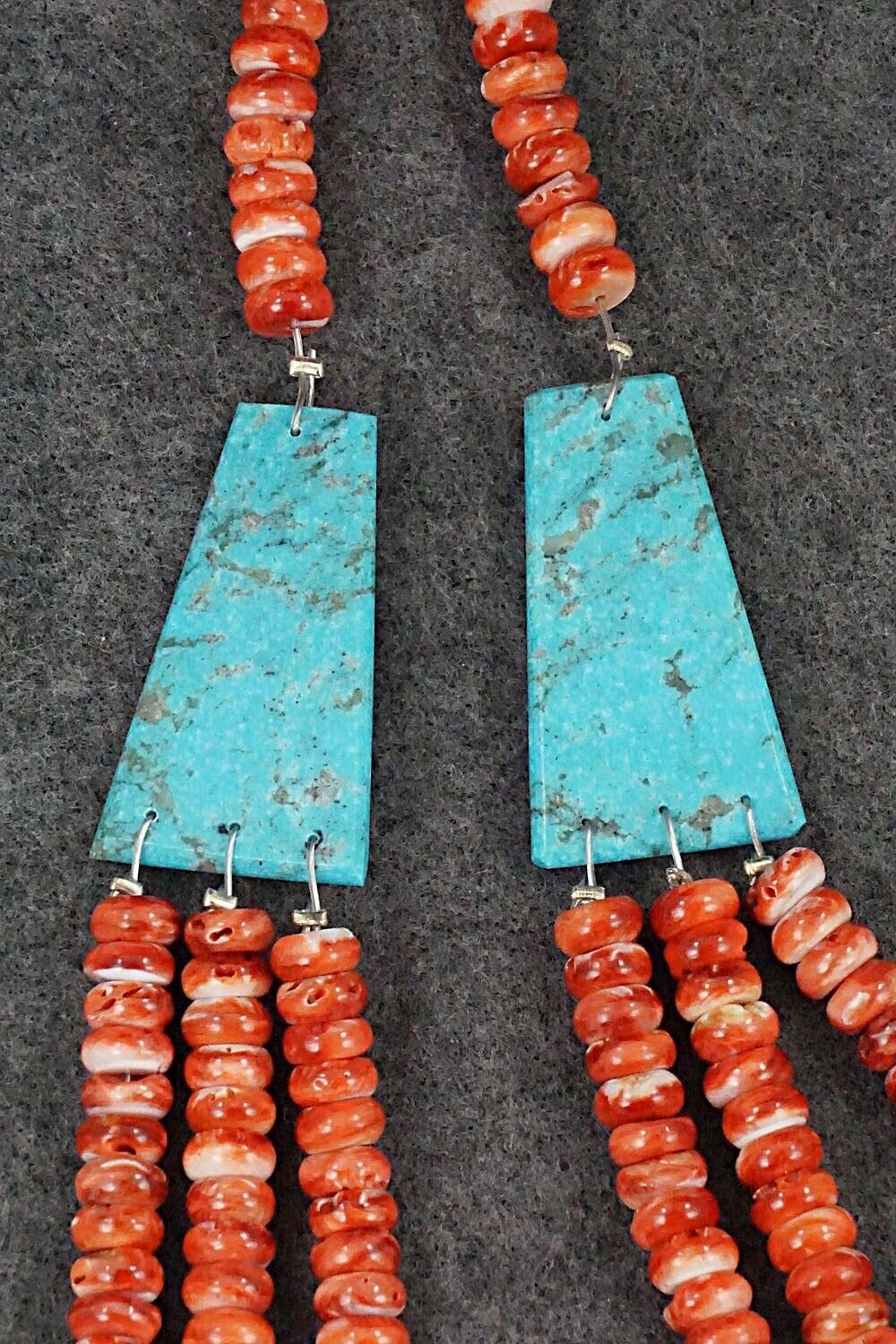 Turquoise, Spiny Oyster and Sterling Silver Necklace - Lupe Lovato