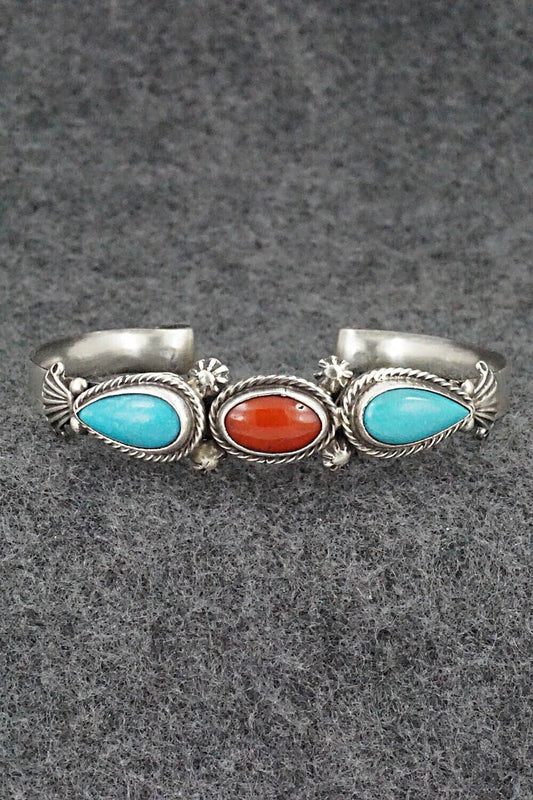 Turquoise, Coral & Sterling Silver Bracelet - Bobby Platero