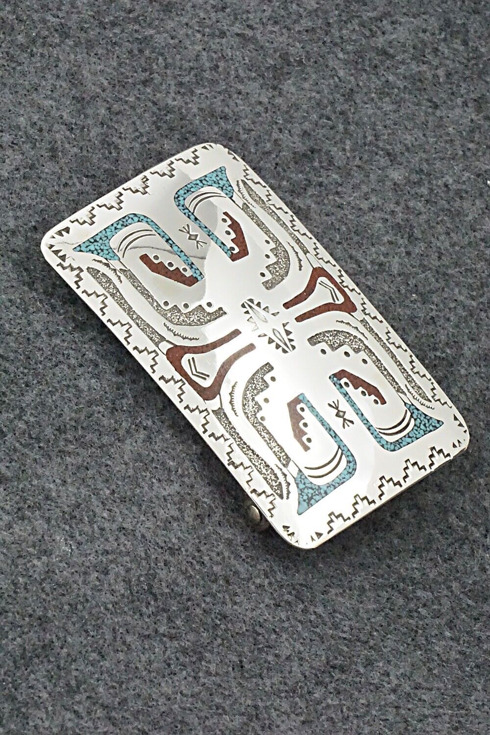 Turquoise, Coral Chip Inlay & Sterling Silver Belt Buckle - Raymond Begay