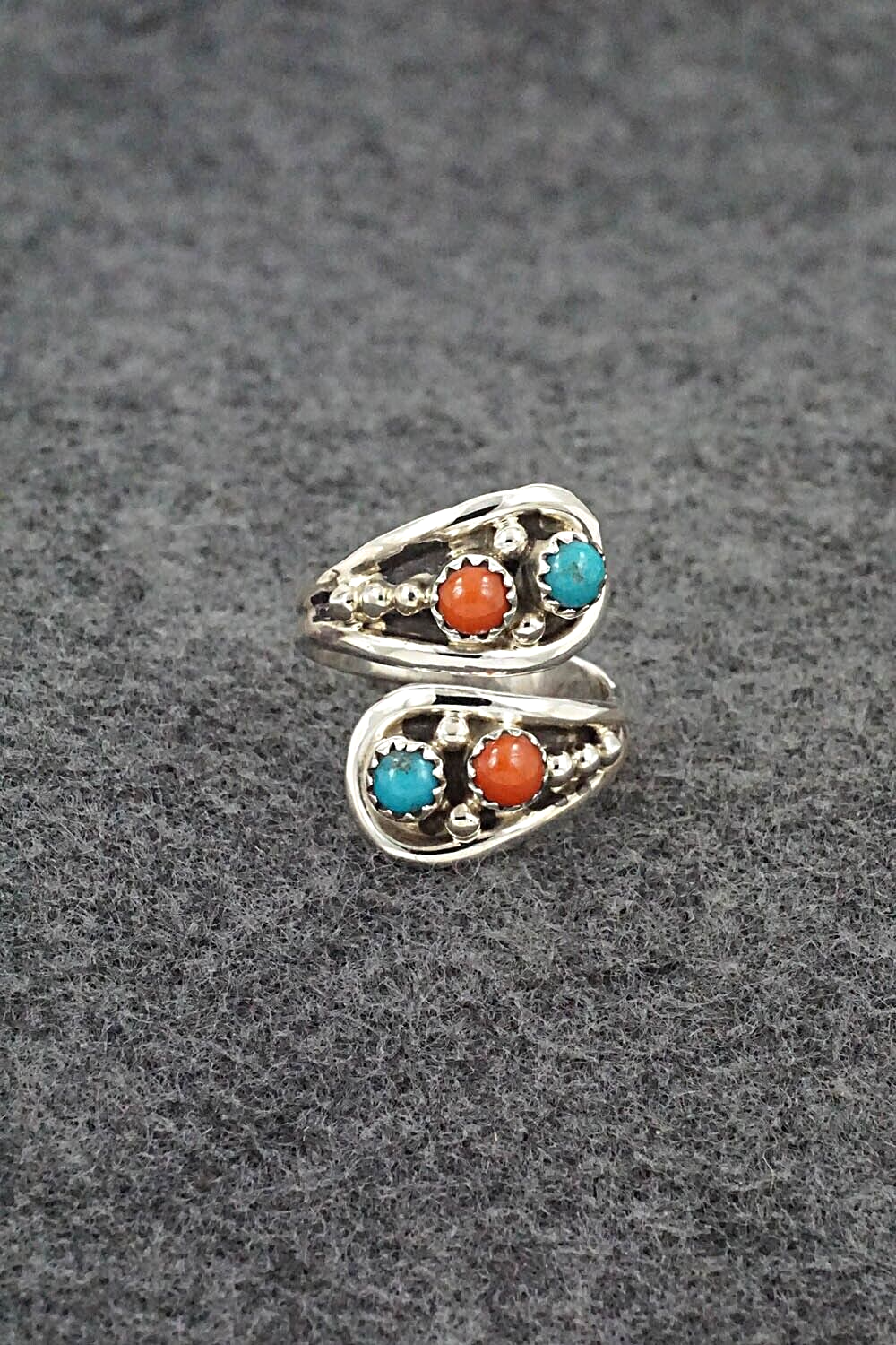 Turquoise, Coral & Sterling Silver Ring - Genevieve Francisco - Size 7.5