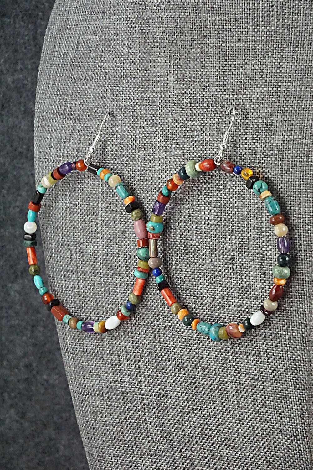 Multi Stone & Sterling Silver Hoop Earrings - Helen Tsosie