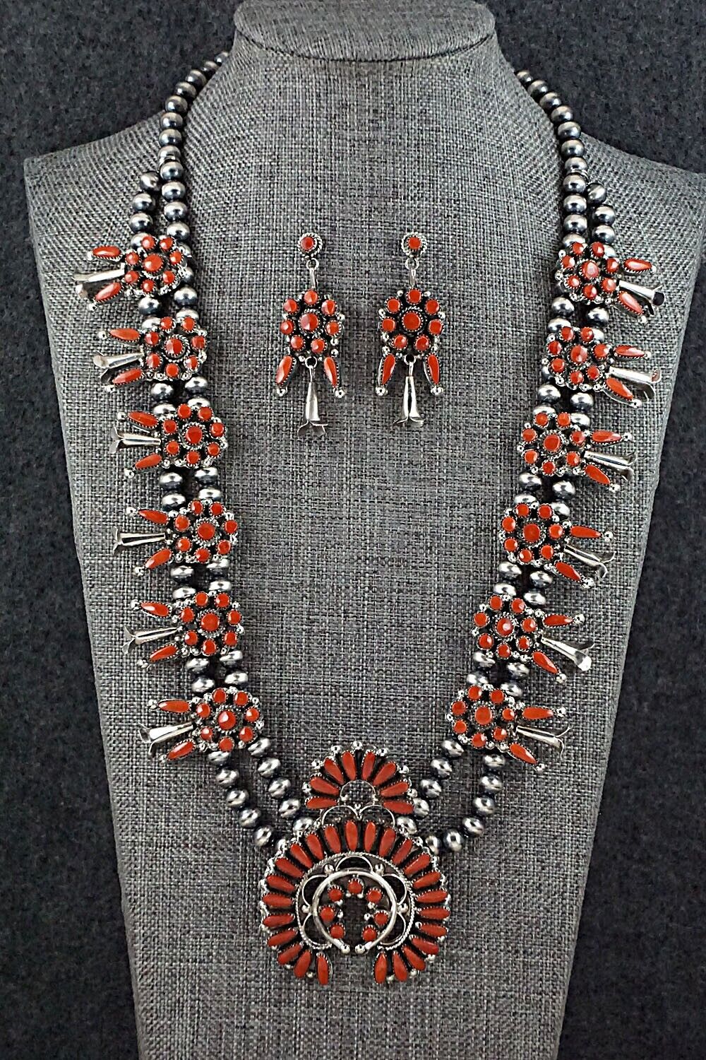 Coral & Sterling Silver Squash Blossom and Earrings Set - Viola Bobelu