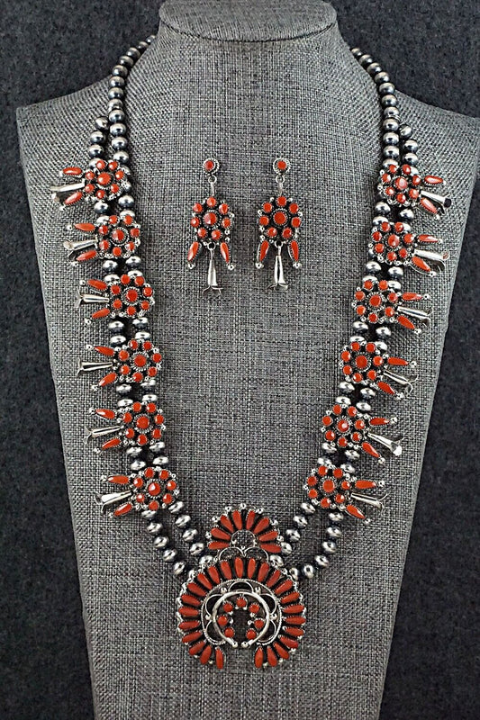 Coral & Sterling Silver Squash Blossom and Earrings Set - Viola Bobelu