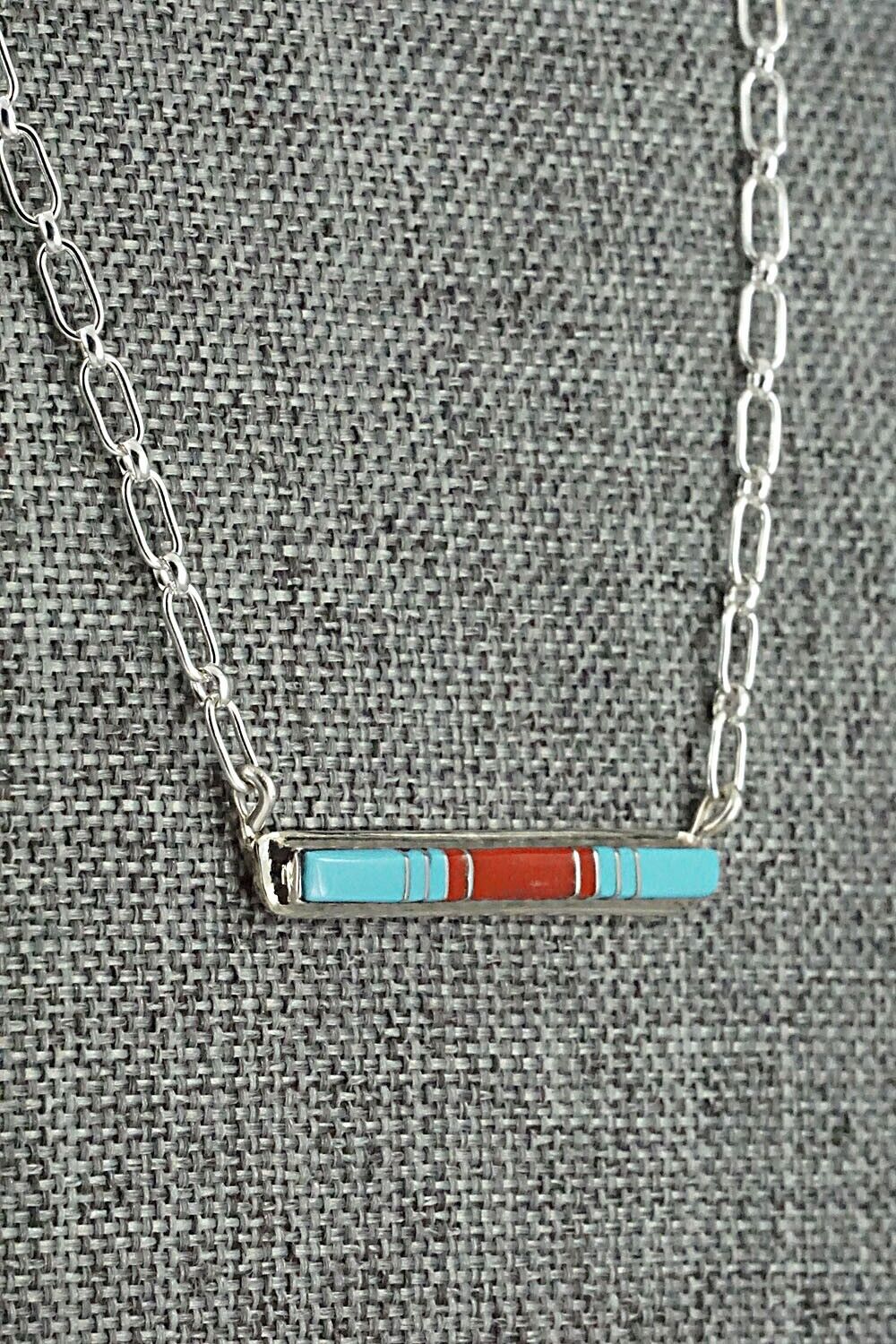 Turquoise, Coral & Sterling Silver Inlay Necklace - Roland Natachu
