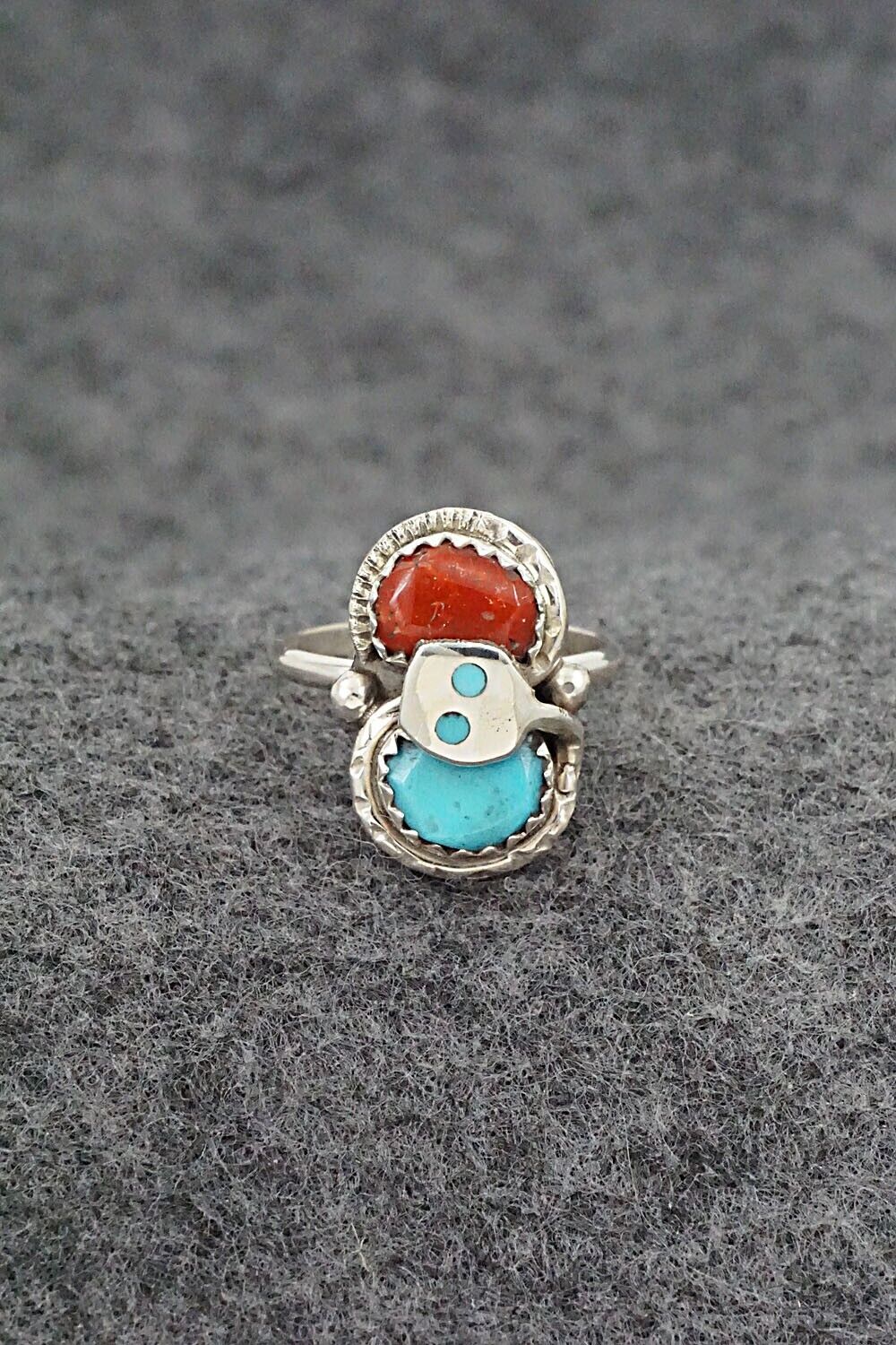 Turquoise, Coral & Sterling Silver Ring - Joy Calavaza - Size 5.75