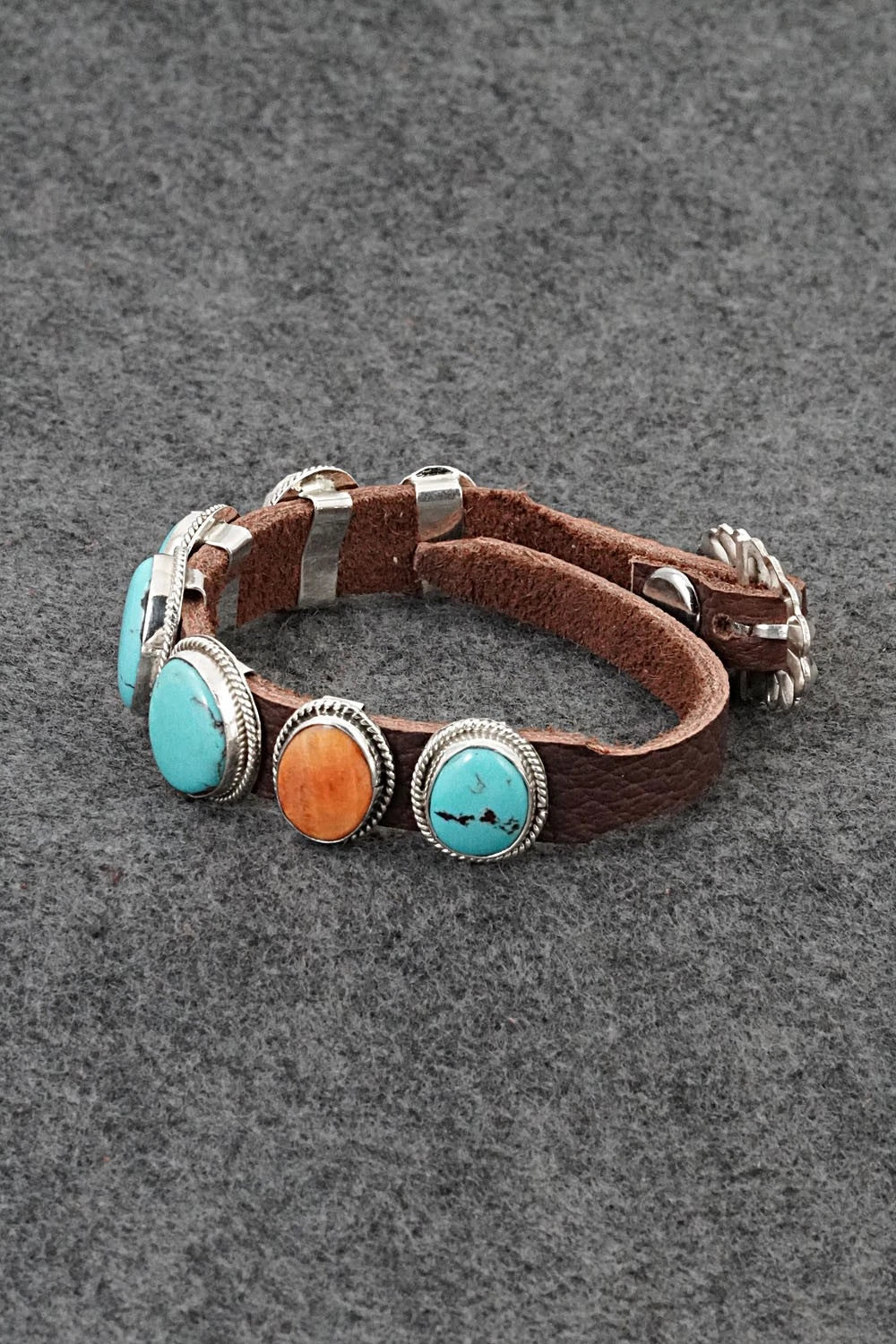 Turquoise, Spiny Oyster, Sterling Silver & Leather Bracelet - Rosita Charlie