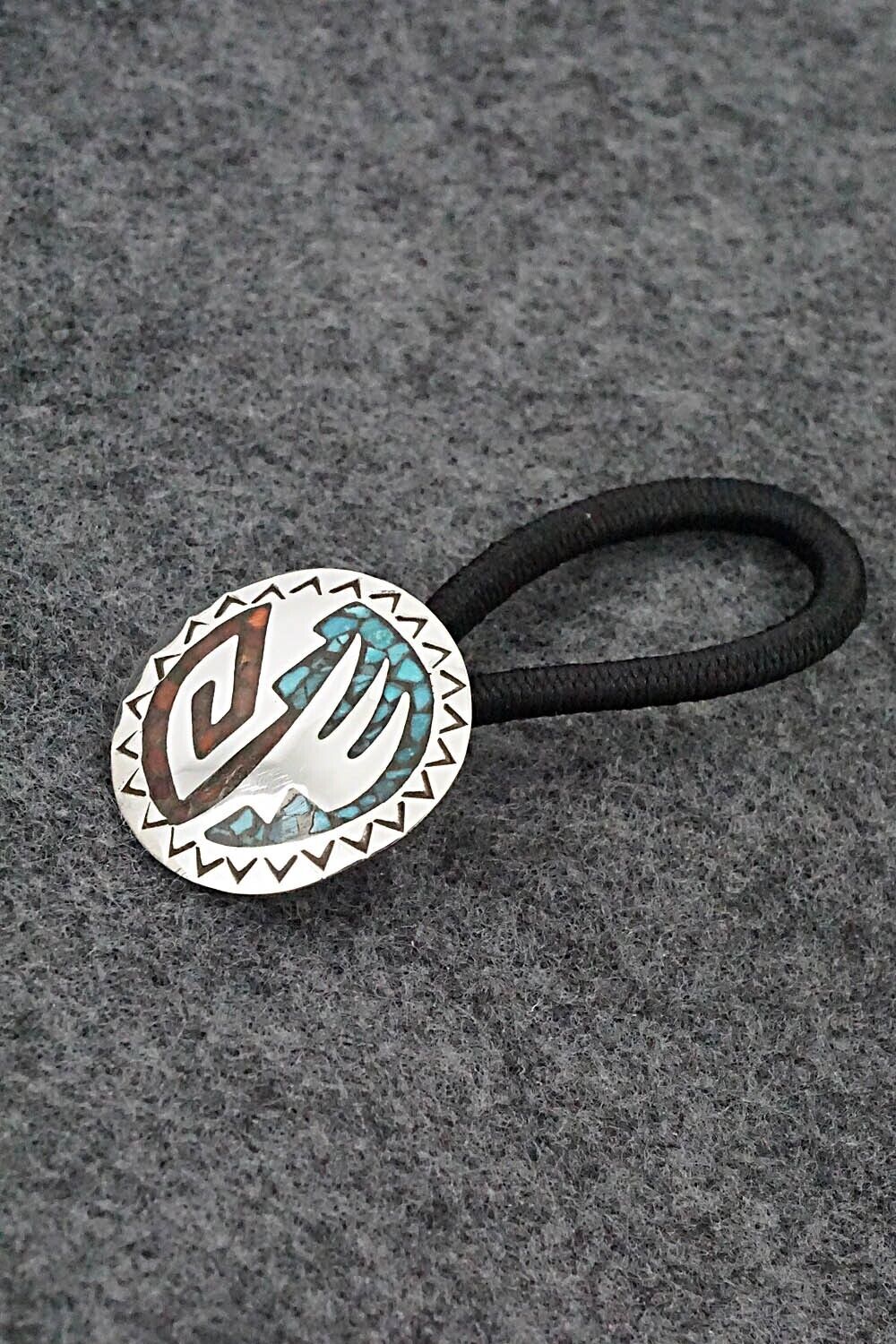 Turquoise, Coral Chip Inlay & Sterling Silver Hair Tie - Joleen Yazzie