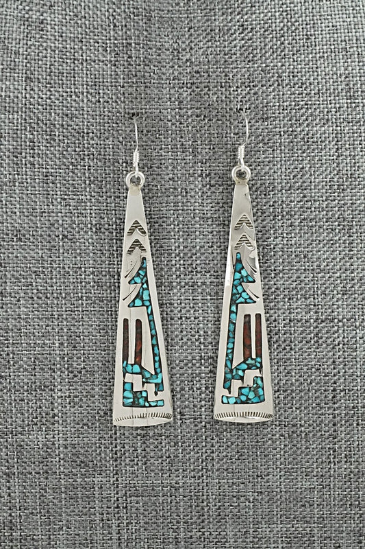Turquoise, Coral Chip & Sterling Silver Earrings - Joleen Yazzie