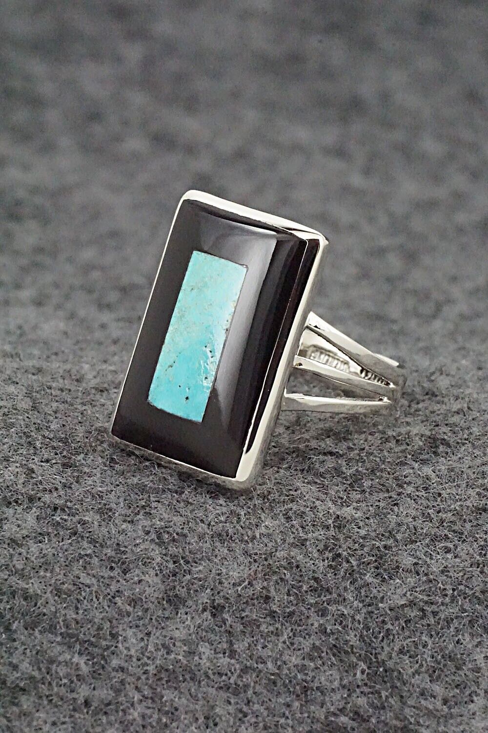 Turquoise, Onyx & Sterling Silver Ring - Harlan Coonsis - Size 8.75