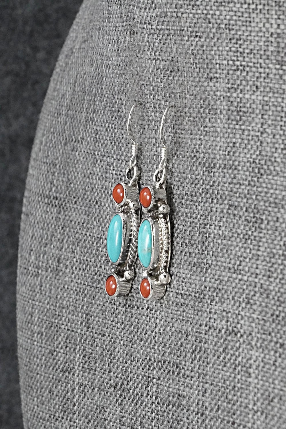 Turquoise, Coral & Sterling Silver Earrings - Verley Betone