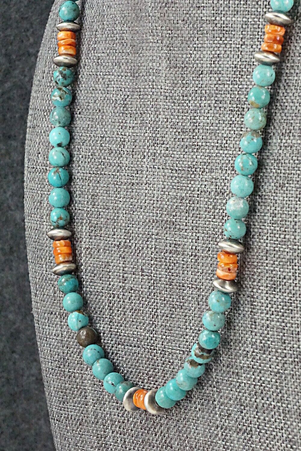 Turquoise, Spiny Oyster & Sterling Silver Necklace 20" - Doreen Jake