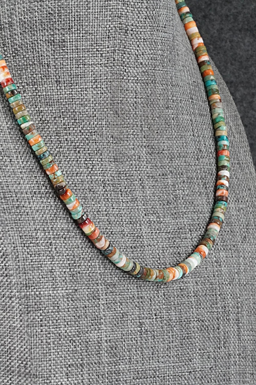 Turquoise, Spiny Oyster & Sterling Silver Necklace 17" - Doreen Jake