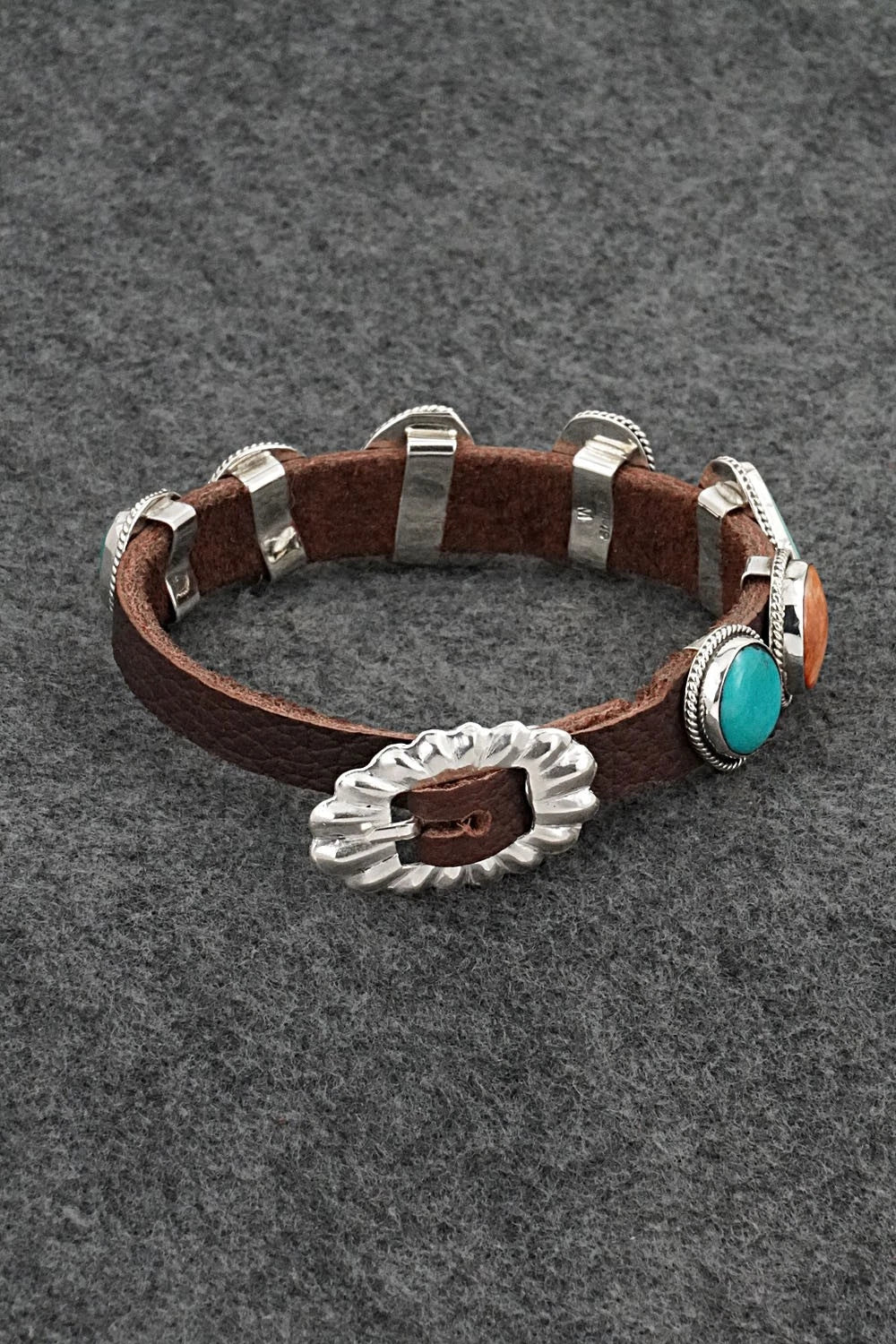 Turquoise, Spiny Oyster, Sterling Silver & Leather Bracelet - Marlene Ramone