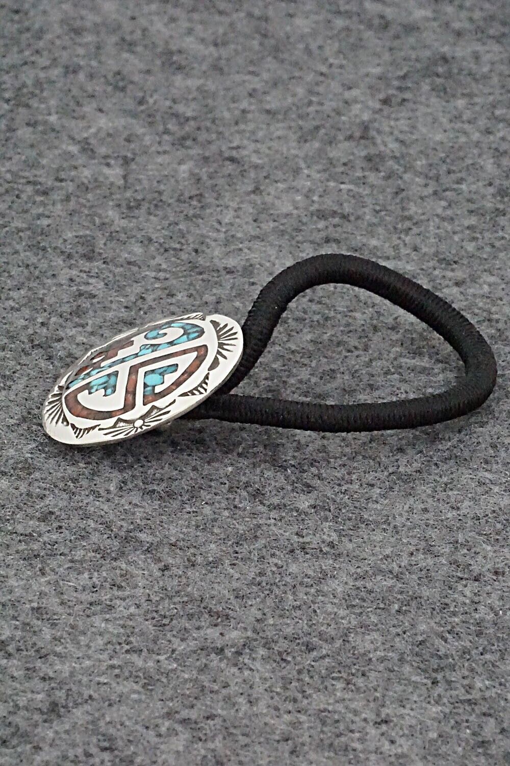 Turquoise, Coral & Sterling Silver Hair Tie - Joleen Yazzie