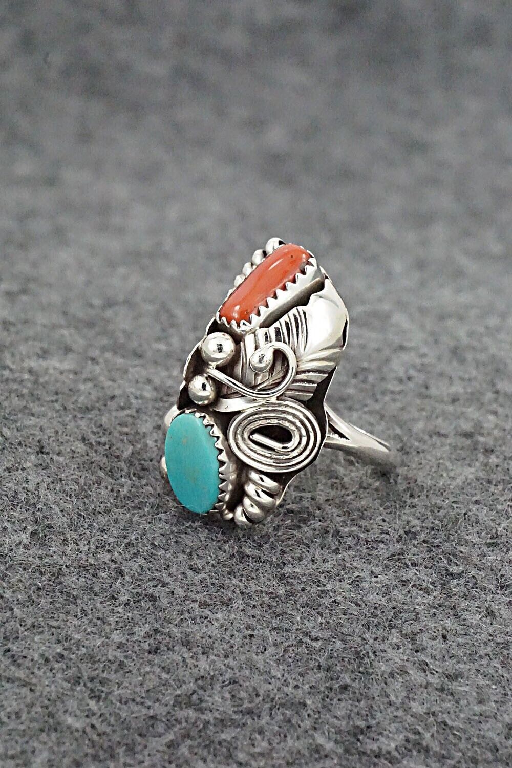 Turquoise, Coral & Sterling Silver Ring - Max Calladitto - Size 5.5