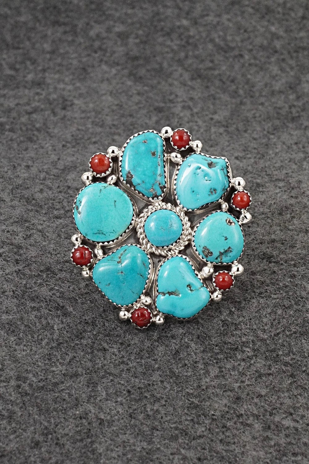Turquoise, Coral & Sterling Silver Ring - Anthony Brown - Size 10