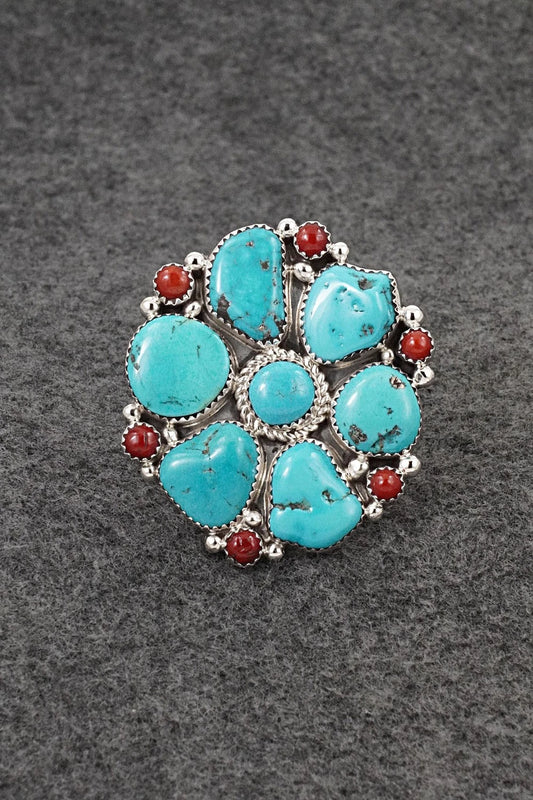 Turquoise, Coral & Sterling Silver Ring - Anthony Brown - Size 10