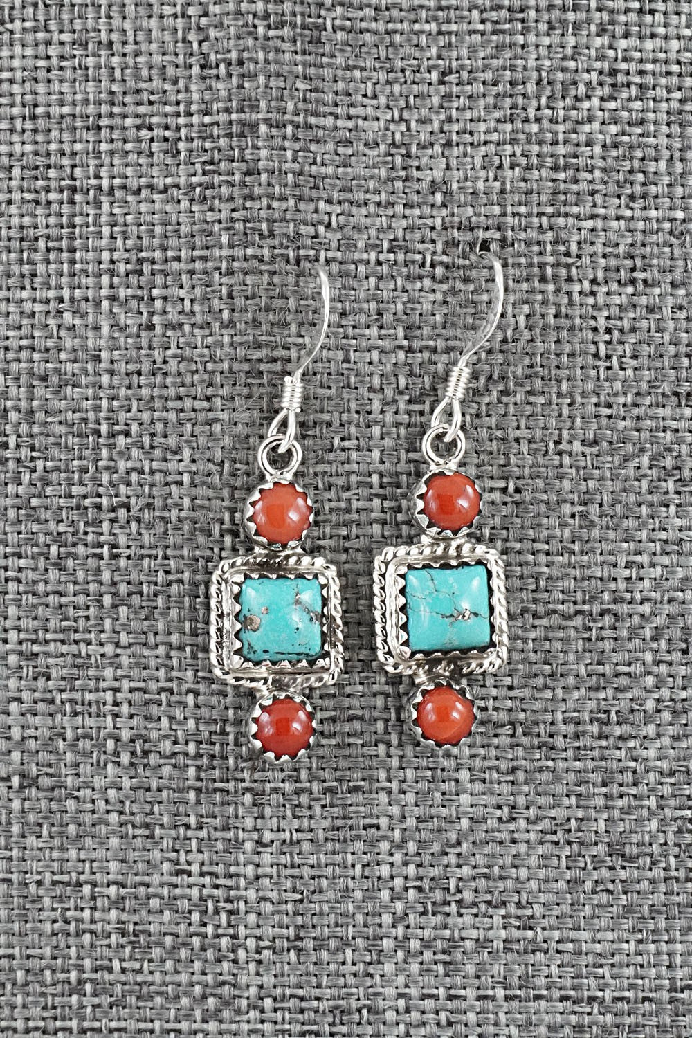 Turquoise, Coral & Sterling Silver Earrings - Gary Shorty