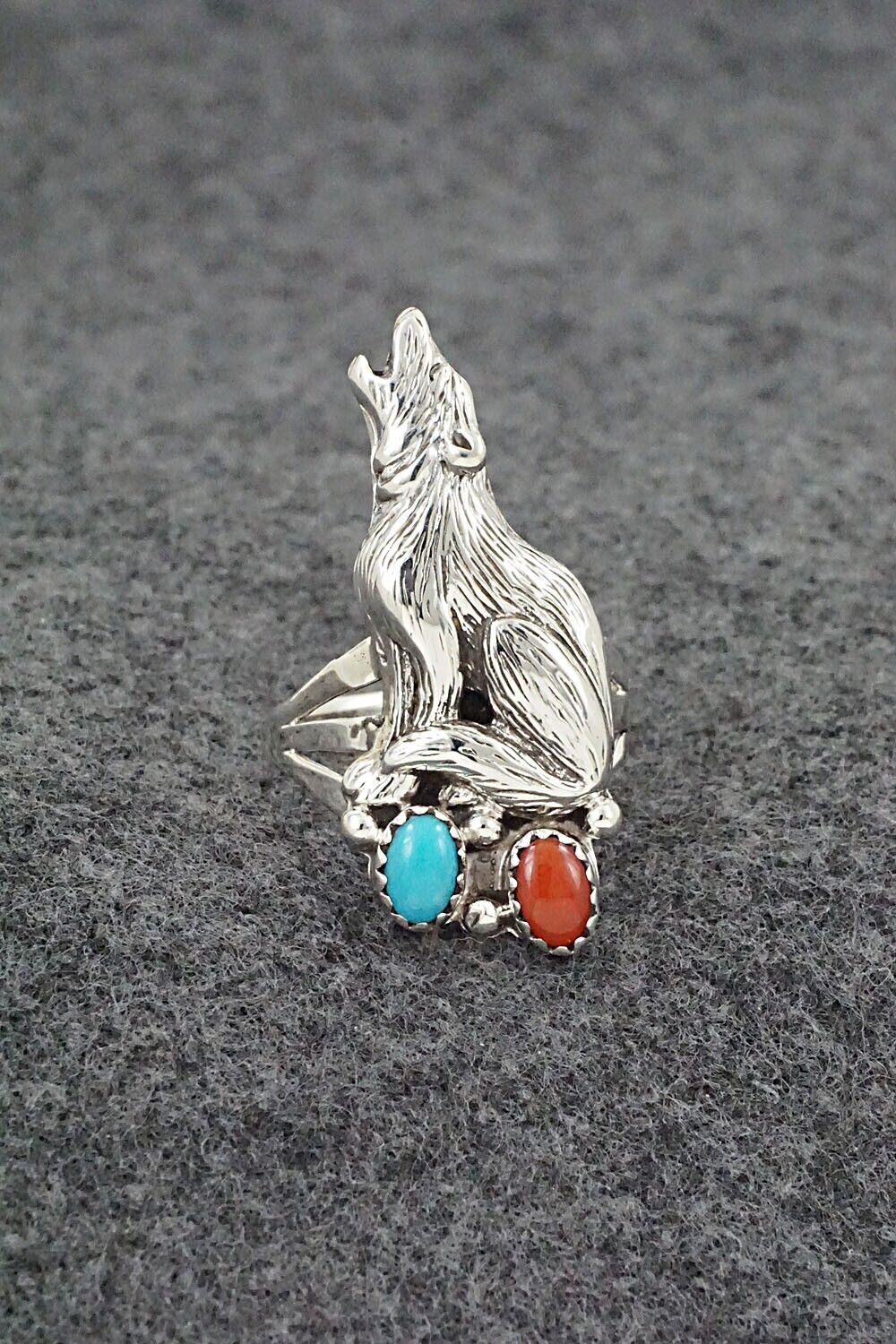 Turquoise, Coral & Sterling Silver Ring - Jerryson Henio - Size 8.5