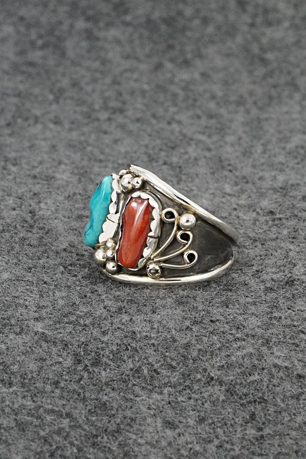 Turquoise, Coral & Sterling Silver Ring - Darrell Morgan - Size 12