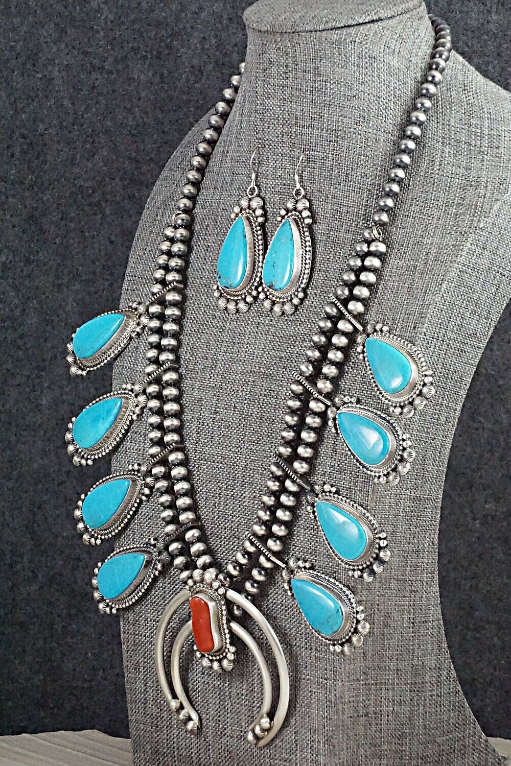 Turquoise, Coral & Sterling Silver Squash Blossom Set - Tom Lewis