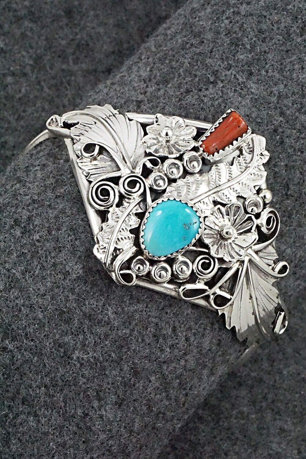 Turquoise, Coral & Sterling Silver Bracelet - Harry B. Yazzie