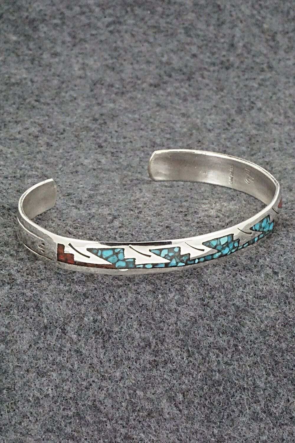 Turquoise, Coral Chip Inlay & Sterling Silver Bracelet - Joleen Yazzie