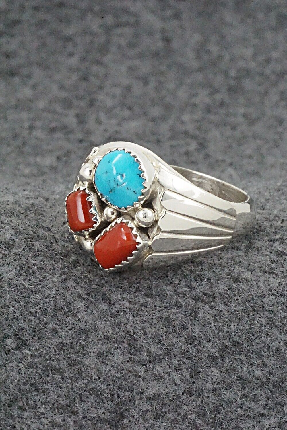 Turquoise, Coral & Sterling Silver Ring - Anna Spencer - 13.5