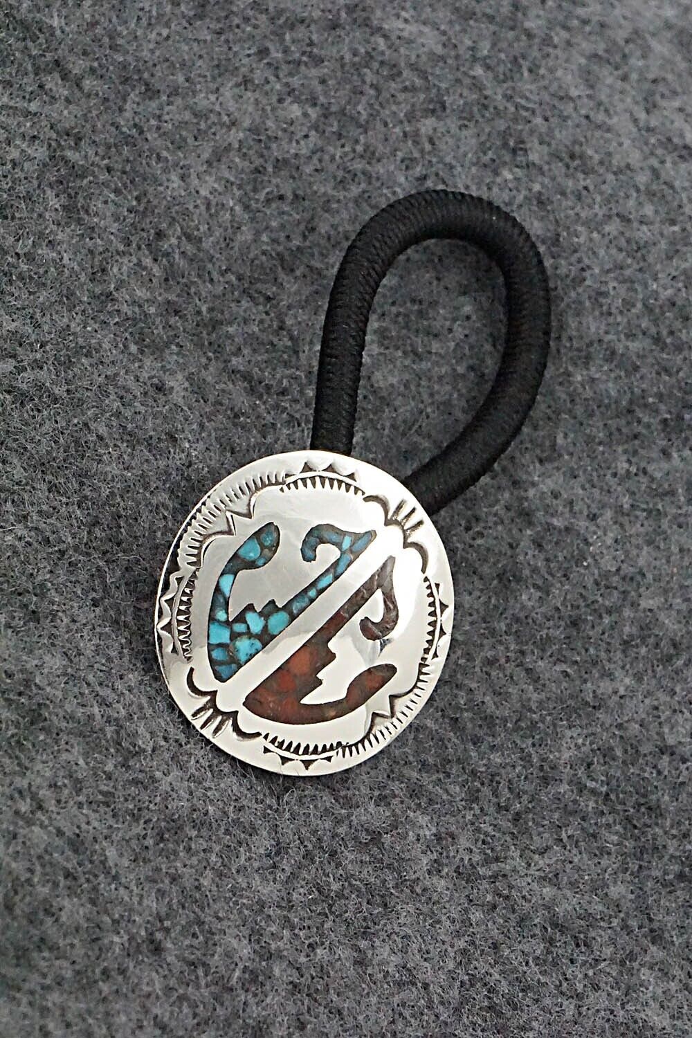 Turquoise, Coral Chip Inlay & Sterling Silver Hair Tie - Joleen Yazzie