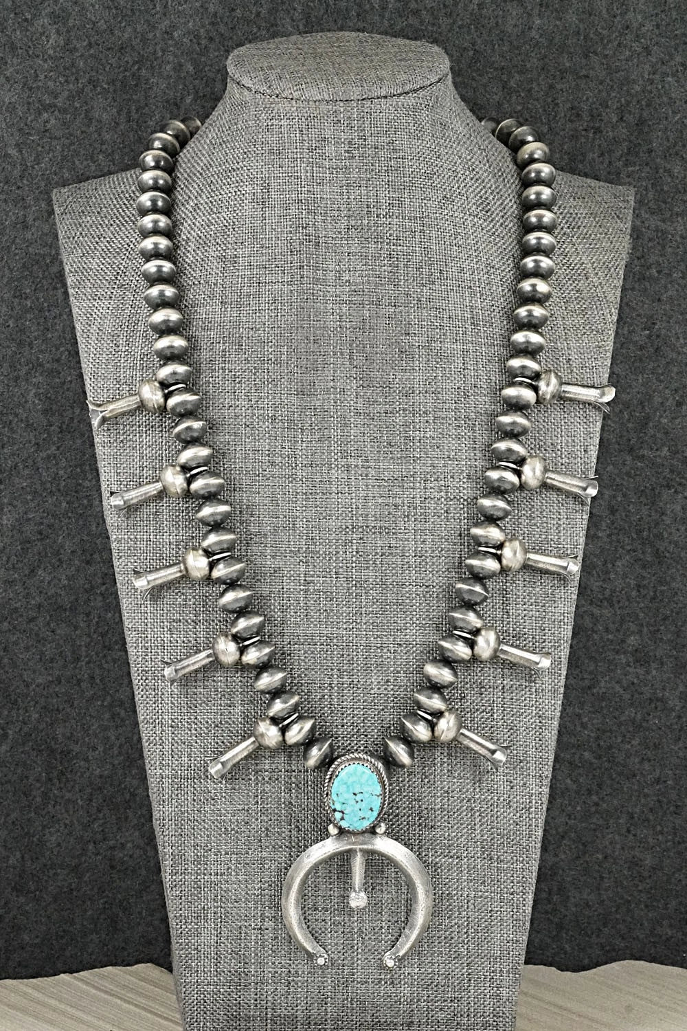 Turquoise & Sterling Silver Navajo Pearl Squash Blossom Necklace - Presley Haley