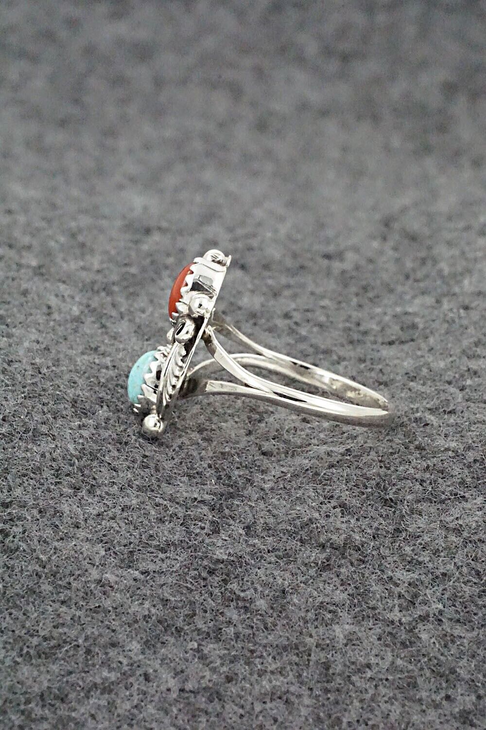 Turquoise, Coral & Sterling Silver Ring - Harris Largo - Size 8.5