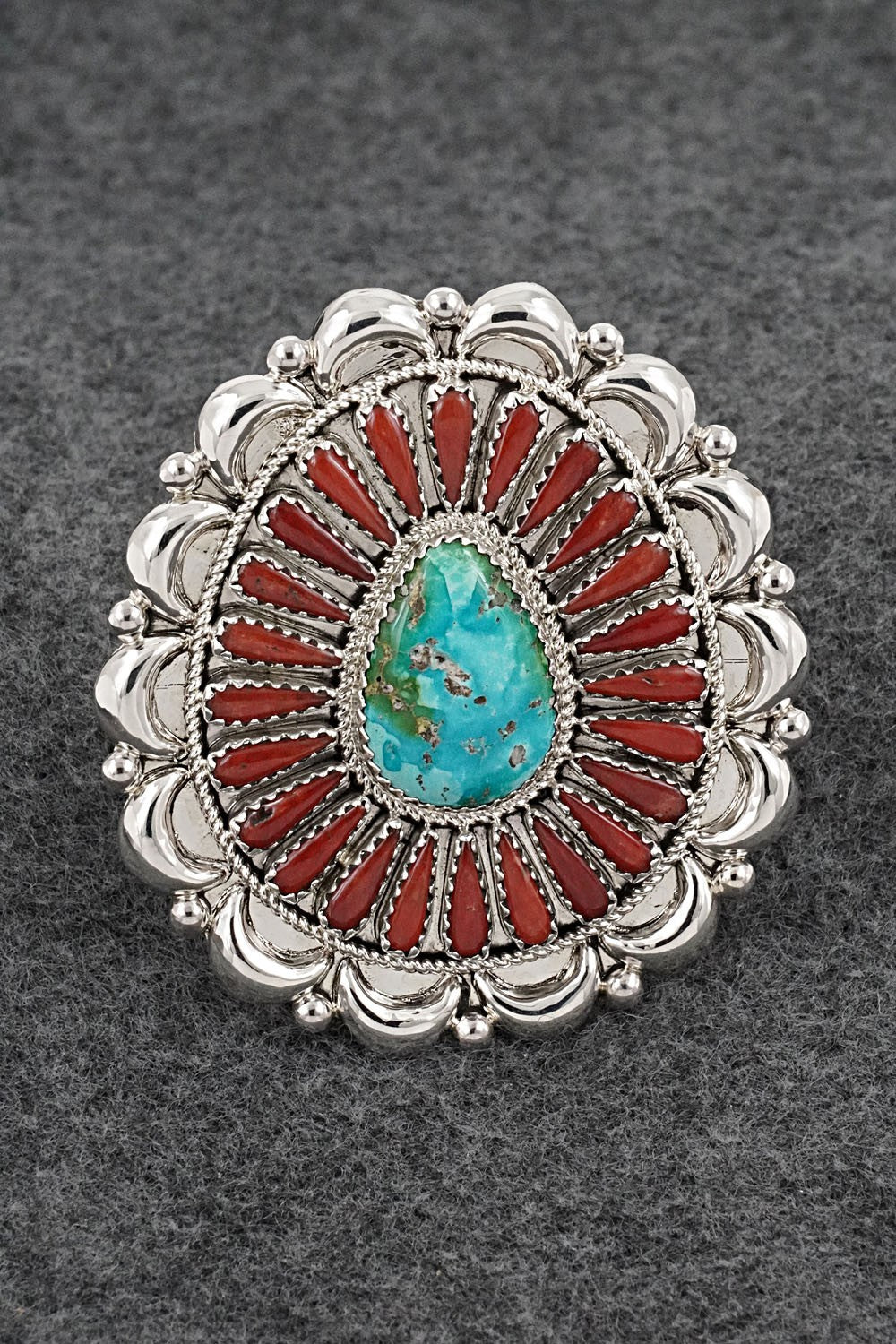 Turquoise, Coral & Sterling Silver Ring - Kyle Wilson - Size 7 Adjustable