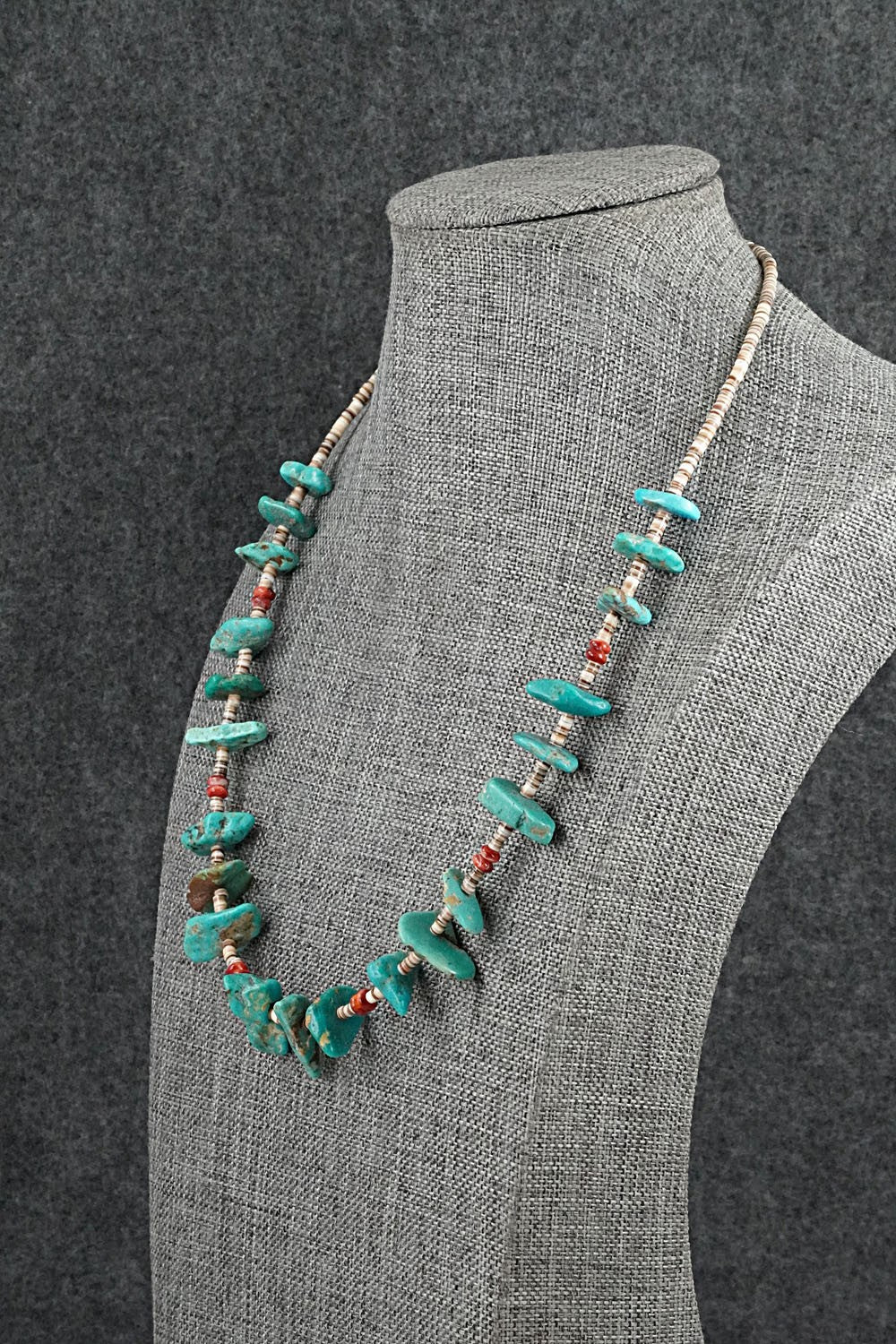 Turquoise, Spiny Oyster & Sterling Silver Necklace 19" - Helen Tsosie