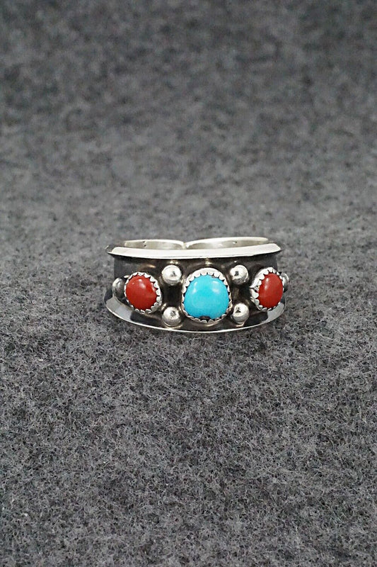 Turquoise, Coral & Sterling Silver Ring - Paul Largo - Size 12