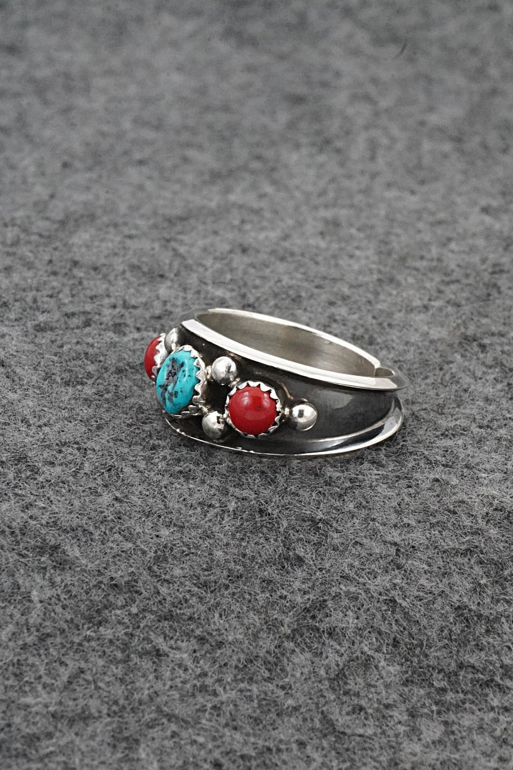 Turquoise, Coral & Sterling Silver Ring - Paul Largo - Size 10