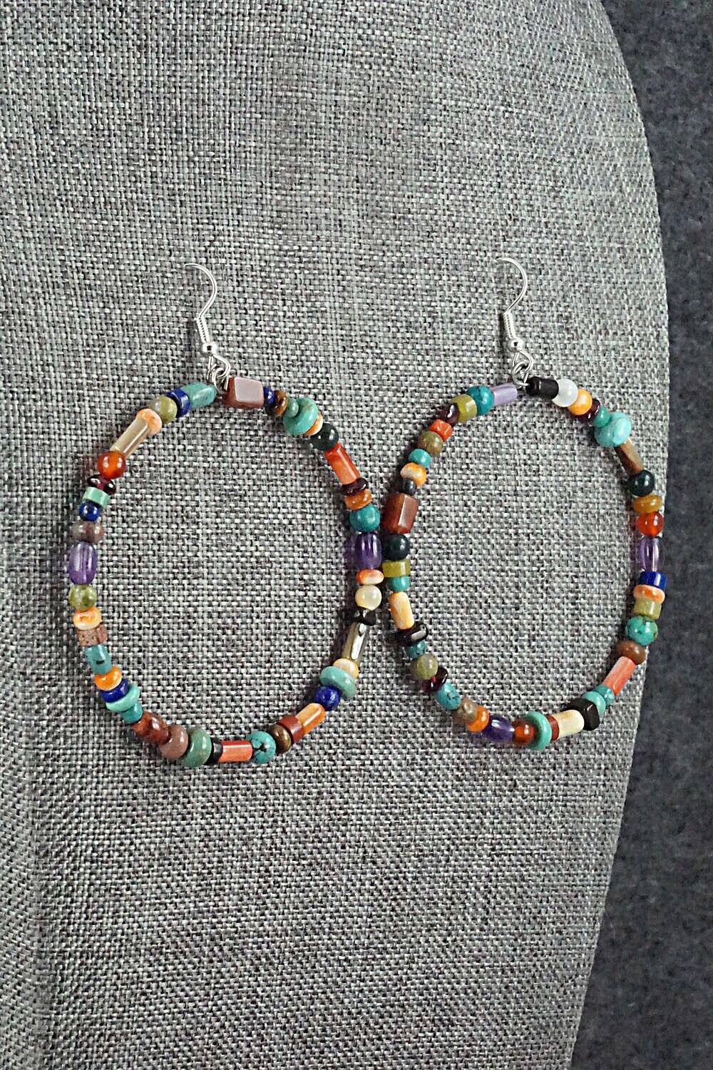 Multi Stone & Sterling Silver Hoop Earrings - Helen Tsosie