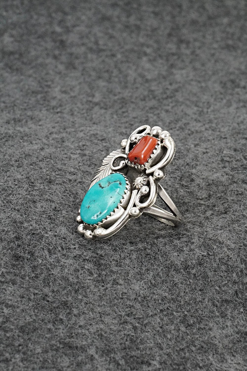 Turquoise, Coral & Sterling Silver Ring - Herbert Begaye - Size 6.5