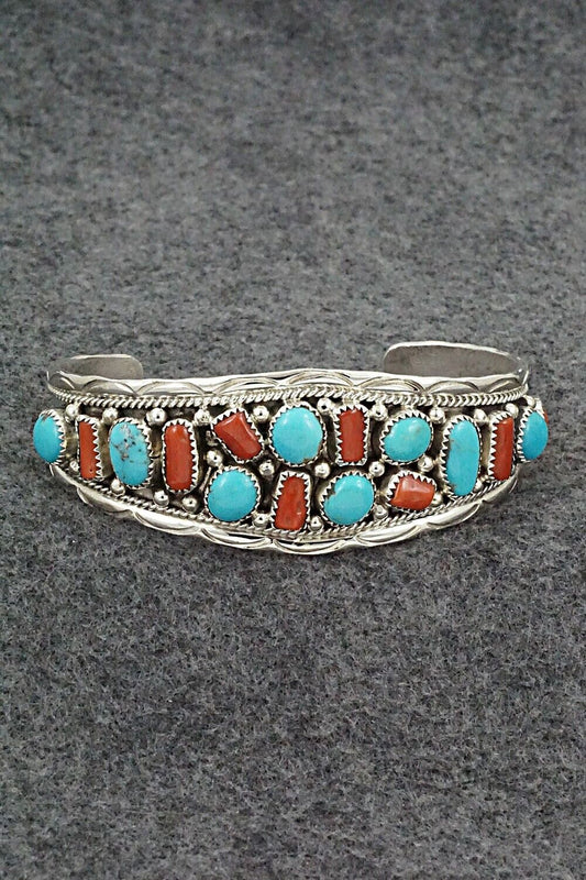 Turquoise, Coral & Sterling Silver Bracelet - Anita Whitegoat