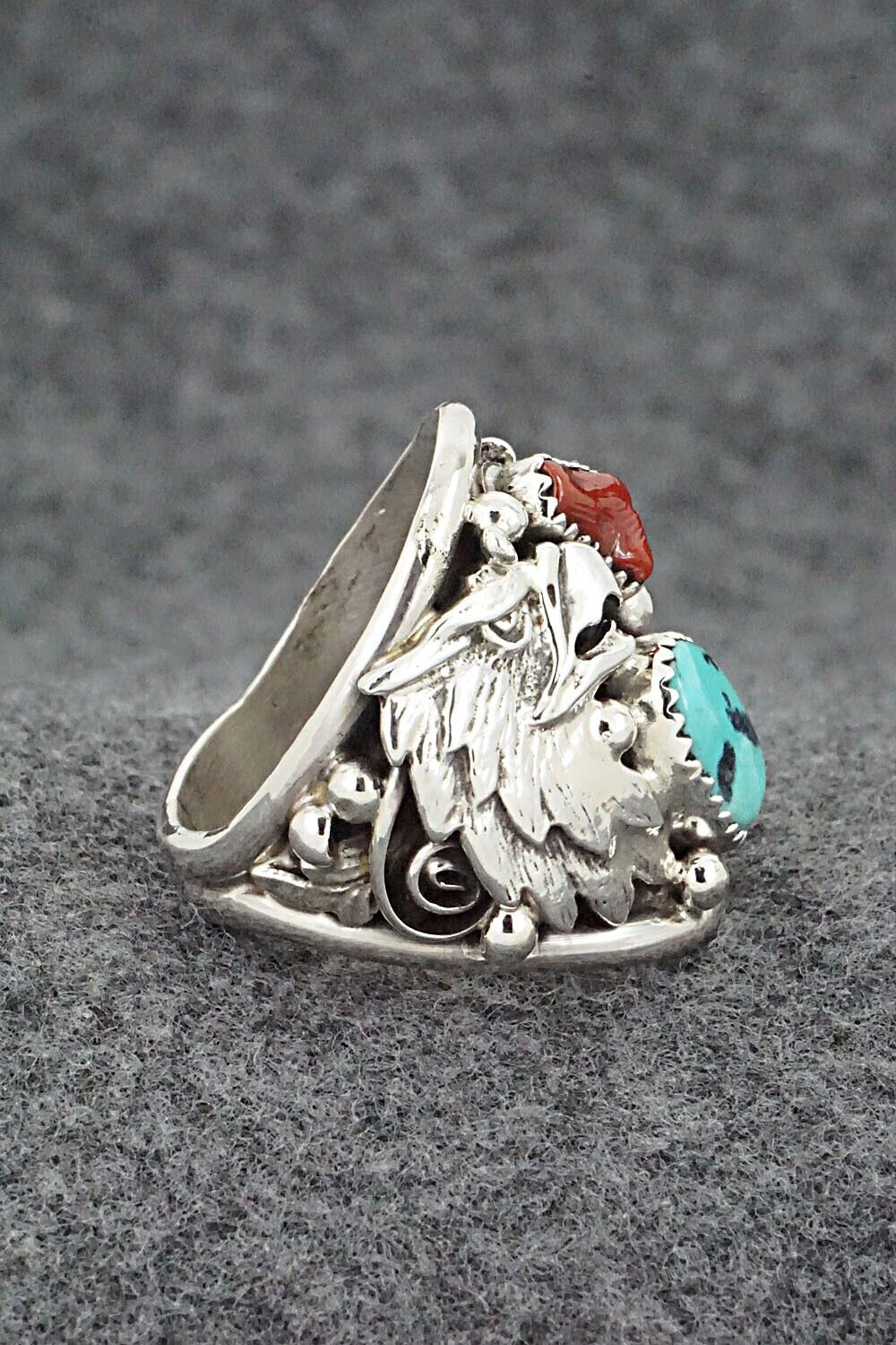 Turquoise, Coral & Sterling Silver Ring - Jeannette Saunders - Size 9.75